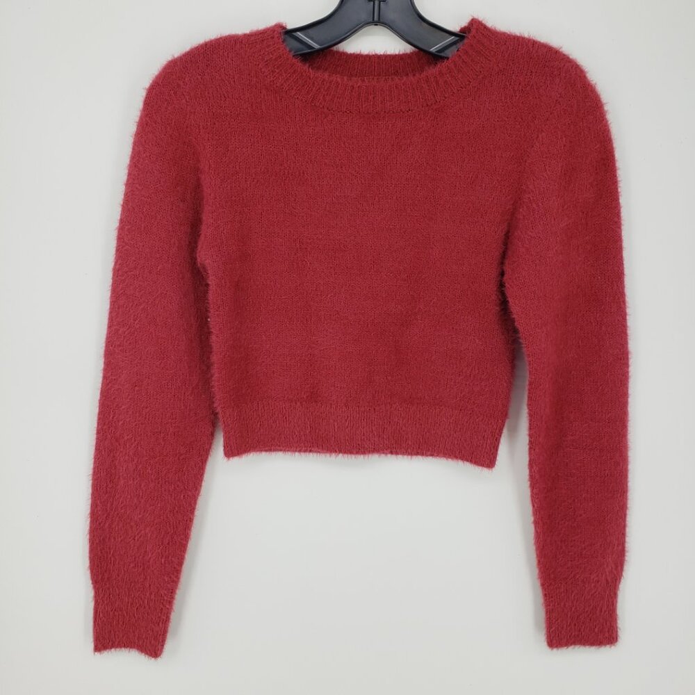 Urban Outfitters Fuzzy Cropped Sweater S Womens Crew Neck Rose Red Pink Crop